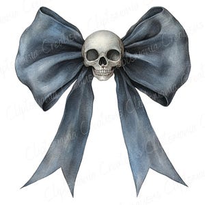 May include: A watercolor illustration of a dark blue bow with long flowing ribbons. A detailed skull is centered on the bow. The artwork has a gothic or Halloween theme.