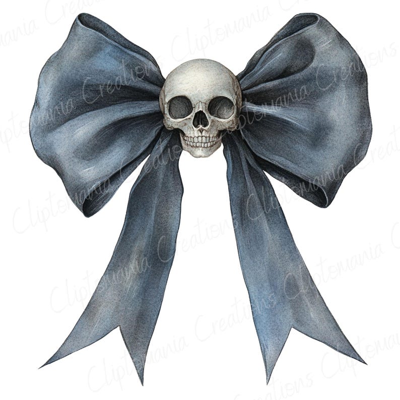 May include: A watercolor illustration of a dark blue bow with long flowing ribbons. A detailed skull is centered on the bow. The artwork has a gothic or Halloween theme.