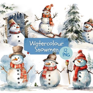 Lot de 12 cliparts aquarelle bonhomme de neige PNG | Fonds transparents | Utilisation commerciale | Jolie carte de Noël faisant des cliparts | Graphismes d'hiver