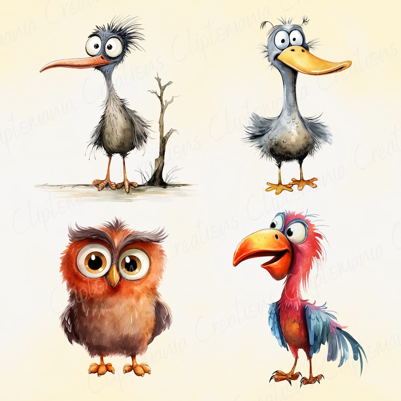 May include: Watercolor illustrations of four cartoon birds with exaggerated features. The birds include a tall, thin bird with a long beak, a duck-like bird, a round owl, and a red bird with a large beak. Each bird has a unique expression and color palette.
