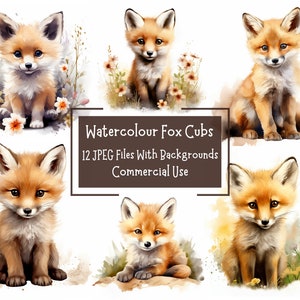 Paquete de imágenes prediseñadas de Fox Cub de acuarela / 12 archivos JPEG de alta calidad con fondos blancos / Creación de tarjetas / Baby Fox Clipart / Junk Journal