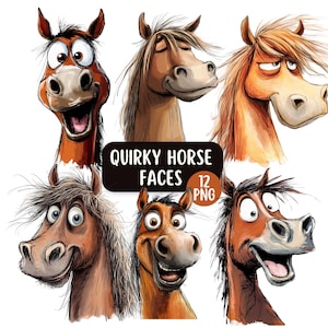 Paquete de 12 imágenes prediseñadas de caras de caballos peculiares, uso comercial, divertidos y tiernos dibujos de caballos, caballo acuarela PNG