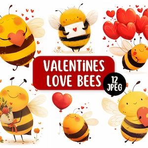 Lindo paquete de imágenes prediseñadas de abejas del amor de San Valentín, 12 diseños JPEG, diseños para hacer tarjetas, gráficos divertidos de abejas, abejas extravagantes, abejorro del Día de la Madre