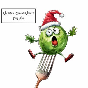 May include: A green Christmas sprout wearing a red Santa hat and red shoes is sitting on a silver fork. The sprout has a surprised expression on its face.