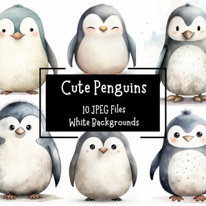 Bonito paquete de imágenes prediseñadas de pingüino de acuarela, 10 archivos JPEG, Fondos blancos, Uso comercial, Elaboración digital, Diario basura, Pingüino bebé
