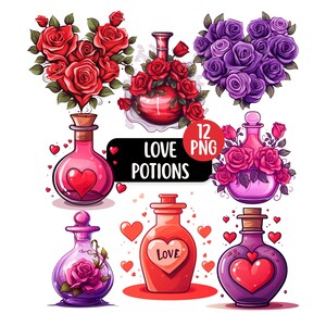 Love Potions & Roses Clipart Bundle 12 PNG Files, Transparent Backgrounds, Magical Potions, Love Heart Roses, Cartoon Rose Graphics