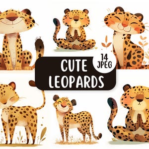 Lindos leopardos, paquete de 14 imágenes prediseñadas JPEG, dibujos animados de leopardos, uso comercial, imágenes prediseñadas para niños, creación de tarjetas, imágenes prediseñadas de animales de la jungla lindos