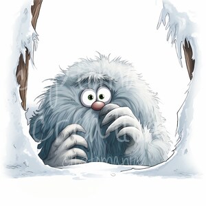May include: A digital illustration of a fluffy, white, round creature with large, wide, green eyes and a small pink nose. The creature has long, light gray claws and is peeking out from behind two snow-covered, vertical tree trunks.