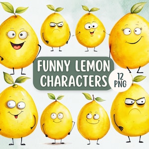 Funny Lemon Characters 12 PNG Clipart Bundle | Commercial Use | Funny Food Clipart | Cute Lemon Character | Card Making Designs