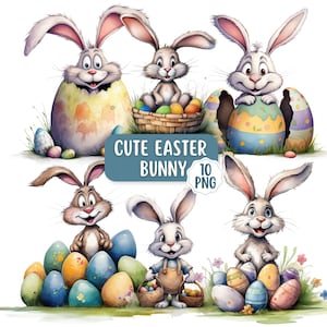 Imágenes prediseñadas de conejito de Pascua divertido, descarga digital, imágenes prediseñadas de acuarela, huevos de Pascua pastel PNG, imágenes prediseñadas infantiles para manualidades de Pascua