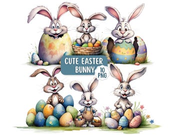 Funny Easter bunny Clipart Digital Download Watercolour Clipart, Pastel Easter Eggs PNG Children's Clipart For Easter Crafts