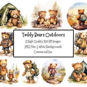 Lot d'oursons en peluche aquarelle pour l'extérieur | 12 fichiers JPEG de haute qualité avec arrière-plan | Art pour chambre d'enfant | Créations numériques en papier | Fête des pères