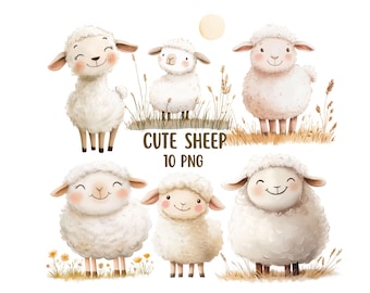 Cute Sheep Clipart Bundle 10 PNG, Watercolour Childrens Clipart, Commercial Use, Cute Lamb Clipart, Digital Download, Whimsical Sheep