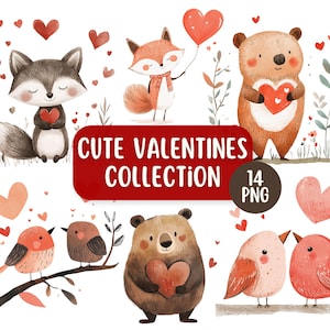 Lindo paquete de imágenes prediseñadas de San Valentín: 14 diseños PNG / Fabricación de tarjetas / Álbum de recortes digitales / Pájaros del amor caprichosos / Animales del bosque de San Valentín