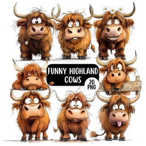 20 lustige Highland Kuh PNG Clipart Bundle, transparente Hintergründe, lustige Bauernhof Grafiken, schrullige Highland Kuh Clipart, digitales Basteln