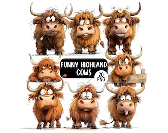 20 Funny Highland Cow PNG Clipart Bundle, Transparent Backgrounds, Funny Farm Animal Graphics, Quirky Highland Cow Clipart, Digital Crafting