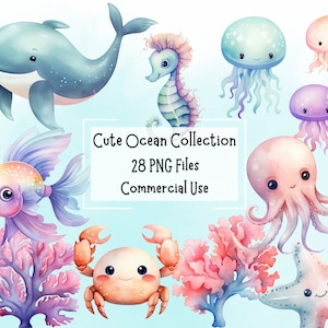 Niedliches Aquarell Sea Life PNG Clipart Bundle | 28x 300 DPI Dateien | Kommerzielle Nutzung | Digitaler Download | Junk Journal | Ocean-Kollektion