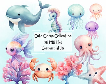 Cute Watercolour Sea Life PNG Clipart Bundle | 28x 300 DPI Files | Commercial Use | Digital Download | Junk Journal | Ocean Collection