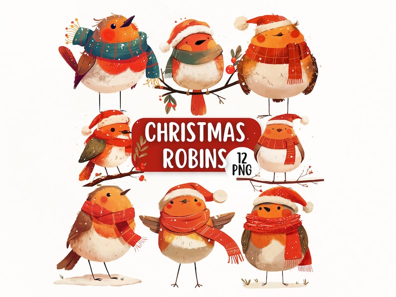 Cute Christmas Robin PNG Clipart Bundle, Cartoon Robin Graphics, Cute ...