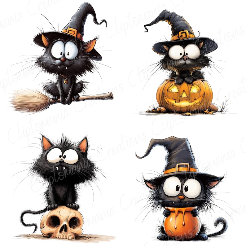 May include: Four cartoon images of black cats with exaggerated features, all wearing witch hats. One cat sits on a broom, another in a carved pumpkin, a third on a skull, and the last with a cauldron. Halloween-themed illustrations.