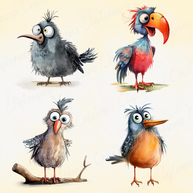 May include: Watercolor illustration of four cartoon birds with exaggerated features. The birds have large eyes, beaks, and colorful plumage. One bird is perched on a branch. The birds are in shades of gray, blue, red, and brown.