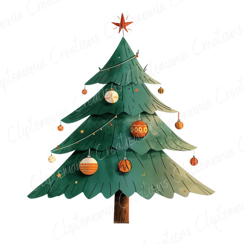 K&ouml;nnte beinhalten: Ein gr&uuml;ner Weihnachtsbaum, der mit roten und goldenen Kugeln und einem Stern oben geschm&uuml;ckt ist.