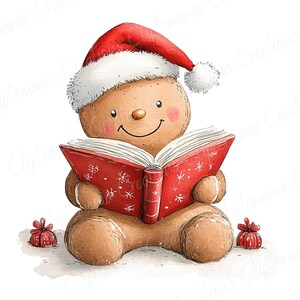Puede incluir: Ilustraci&oacute;n en acuarela de un hombre de jengibre con un gorro de Pap&aacute; Noel, leyendo un libro rojo con dise&ntilde;os de copos de nieve. El hombre de jengibre tiene mejillas rosadas y una cara sonriente. Dos peque&ntilde;os regalos envueltos est&aacute;n en el suelo.