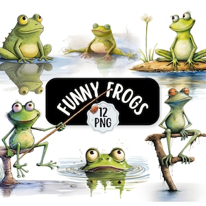 Lot de 12 cliparts grenouilles originaux et amusants PNG | Utilisation commerciale | Téléchargement numérique | Journal indésirable | Conceptions de fabrication de cartes | Grenouille dessin animé mignon
