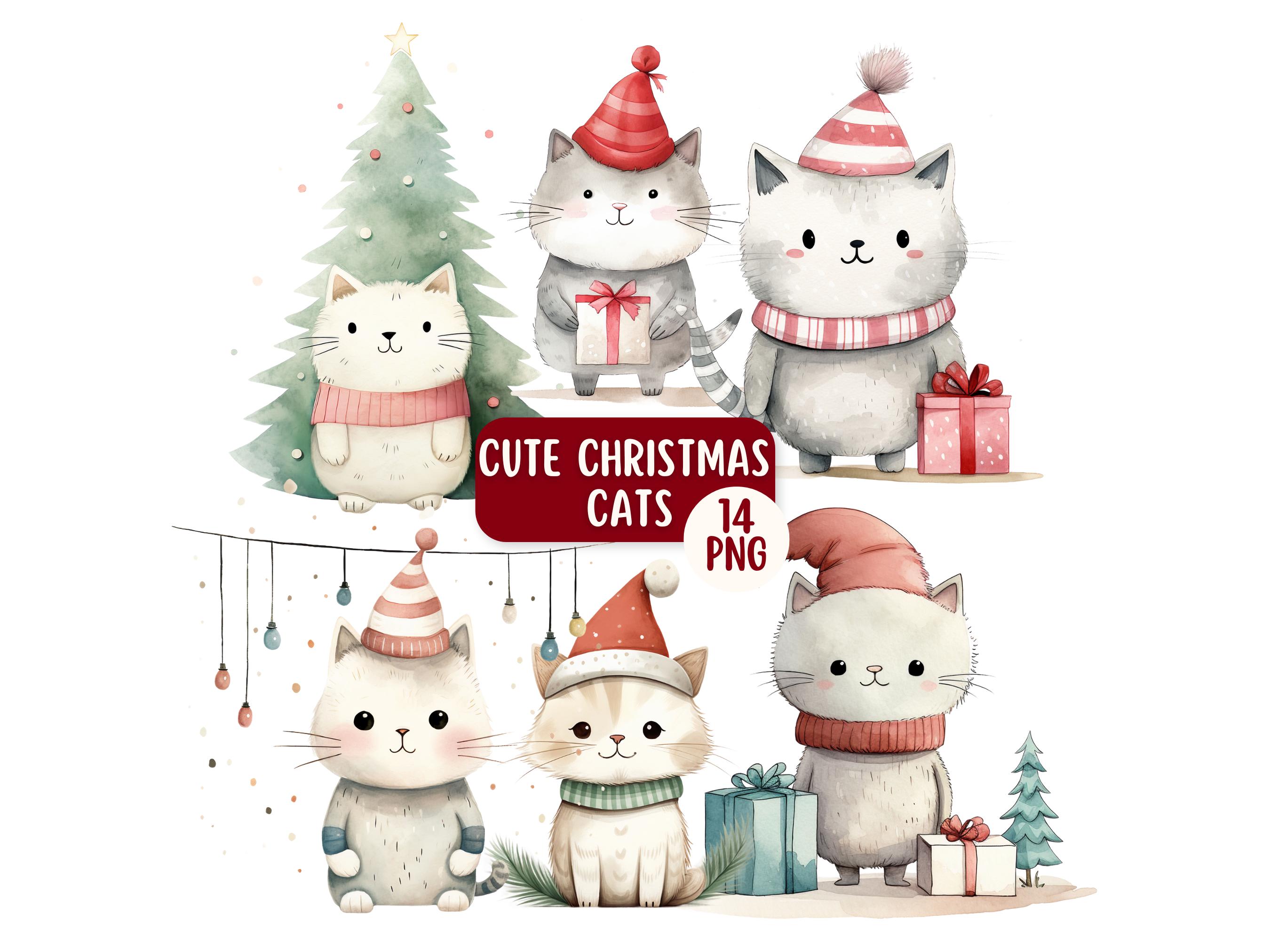 Cute Christmas Cat PNG Clipart Bundle, Whimsical Christmas, Watercolour ...