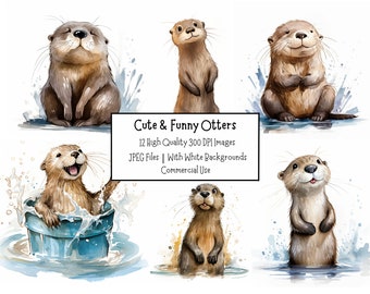 Pacchetto di clipart di lontre carine e divertenti / 12 file JPEG di alta qualità a 300 DPI con sfondo bianco / Uso commerciale / Clipart di animali