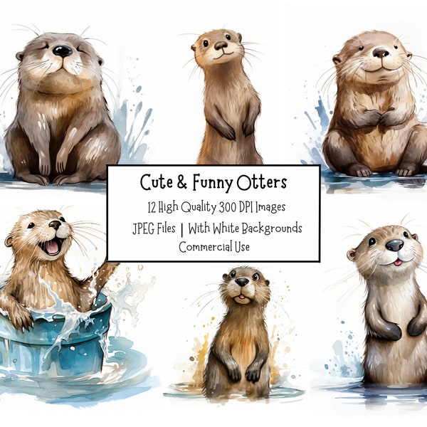 Cute And Funny Otter Clipart Bundle | 12 High Quality 300DPI JPEG Files With White Backgrounds | Commercial Use | Animal Clipart