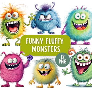 Lustige flauschige Monster Clipart Bundle 12 PNG | Niedliche Cartoon-Monster |  Schrulle, bunte Monster-Grafiken | Kinder druckbare Clipart