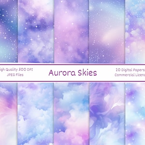 Pacchetto di carta digitale Aurora Sky viola e blu / Carta per album stampabile di alta qualità 300 DPI / Sfondi celesti / Creazione di carte
