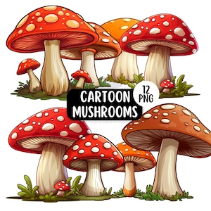 Cartoon Mushroom Clipart Bundle, Colorful Toadstool Illustrations (PNG)