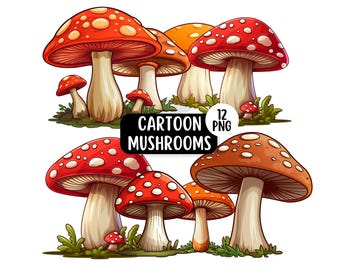 Cartoon Mushroom PNG Clipart Bundle, Colourful Toadstool Graphics, Forest Clipart Digital Download