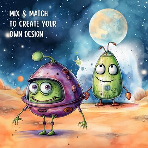 May include: Two cartoon aliens on a red and orange planet with a starry night sky. One alien is green with a large head and a small body. The other alien is green with a purple helmet and a large body. The text "Mix & Match to create your own design" is at the top of the image.