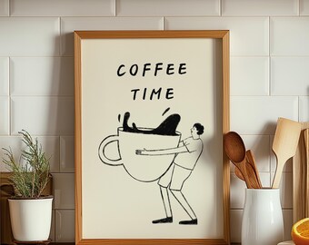 Stampa artistica minimalista con linee di caffè: decorazione moderna da parete per cucina