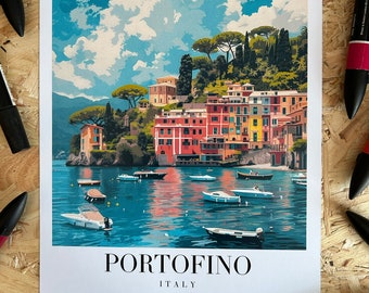 Impressão artística de Portofino, Itália: pôster colorido de viagem da Riviera Italiana