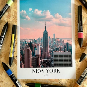 Arte de viaje de Nueva York - Manhattan - Nueva York - EE.UU. - Empire State - Arte de la pared - Cartel impreso - Obra gráfica colorida icónica - Recuerdos de vacaciones