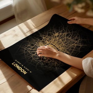 Impresión de mapa de Londres, mapa dorado, arte de pared, mapa de iluminación de ciudad minimalista, decoración de pared, póster de mapa de ciudad del Reino Unido, decoración urbana, arte de paisaje urbano, arte de viaje