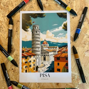 Pisa Travel Art - Italia - Torre inclinada de Pisa - Arte de pared - Impresión - Póster - Obra gráfica colorida icónica - Recuerdos de vacaciones
