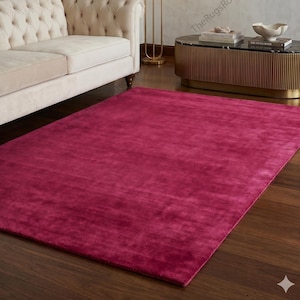 Handvävd enfärgad nyzeeländsk ull hallonrosa matta lyxig mjuk tjock lugg modern livfull estetisk handvävd enfärgad plyschdekor