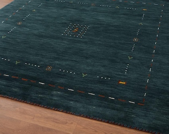 Teal Gabbeh Wool Rug – Hand-Knotted Tribal Carpet with Minimalist Animal & Tree Motifs – Modern Boho Nomadic Area Loribaft handloom decor