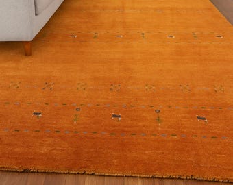 Orange Gabbeh Wool Rug Hand-Knotted Tribal Carpet with Minimalist Animal & Geometric Motifs Modern Boho Area Authentic loribaft rug