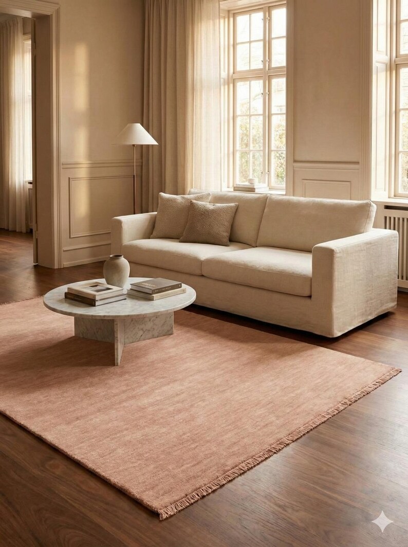 Handwoven Solid Blush Pink Wool Area Rug With Fringes Modern Handloom ...