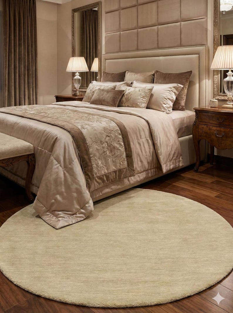 Handwoven Solid Beige Wool Round Area Rug Handloom Eco-friendly Carpet ...