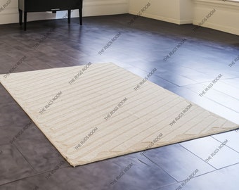Hand Tufted Wool Rug, Modern Grid Design, Cream White