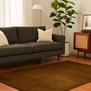 May include: A brown rectangular rug on a hardwood floor in a living room setting. A dark gray sofa with cream-colored pillows is in the background, along with a floor lamp and a wooden cabinet. A large green plant is also visible.