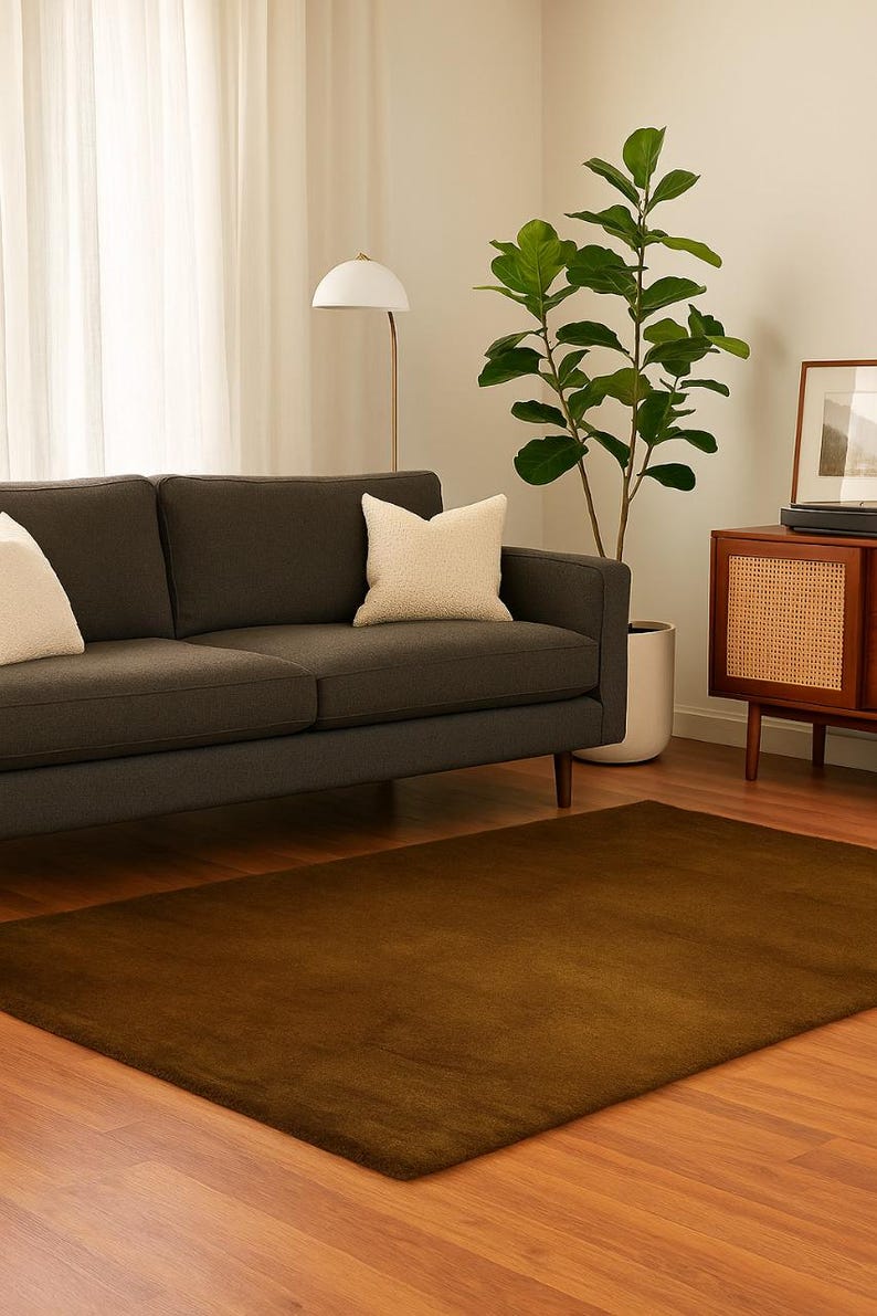 May include: A brown rectangular rug on a hardwood floor in a living room setting. A dark gray sofa with cream-colored pillows is in the background, along with a floor lamp and a wooden cabinet. A large green plant is also visible.