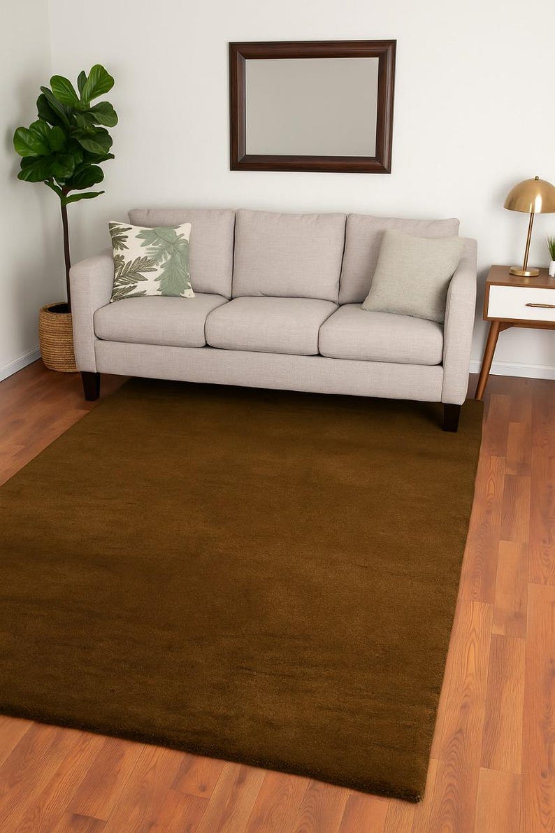 May include: A large, rectangular brown rug covers a hardwood floor. A light gray sofa with two decorative pillows sits against a white wall, with a framed mirror above. A potted plant is in the corner.